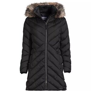 Lands' End Women's Black Down Coat with Faux Fur Hood